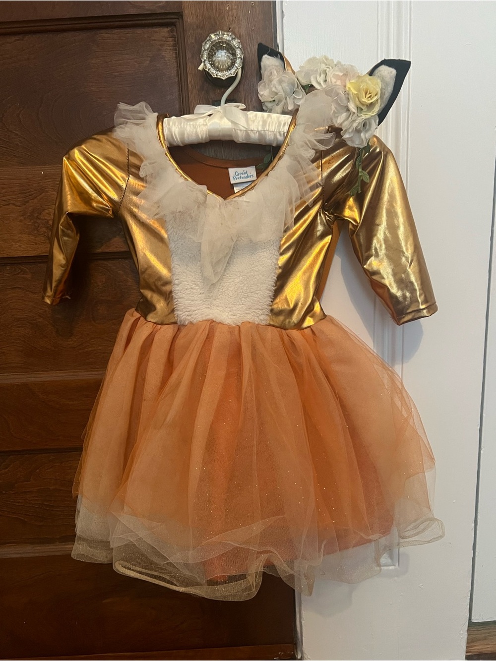 Gold & Orange Fox Tutu Dress Costume with Floral Ear Headband